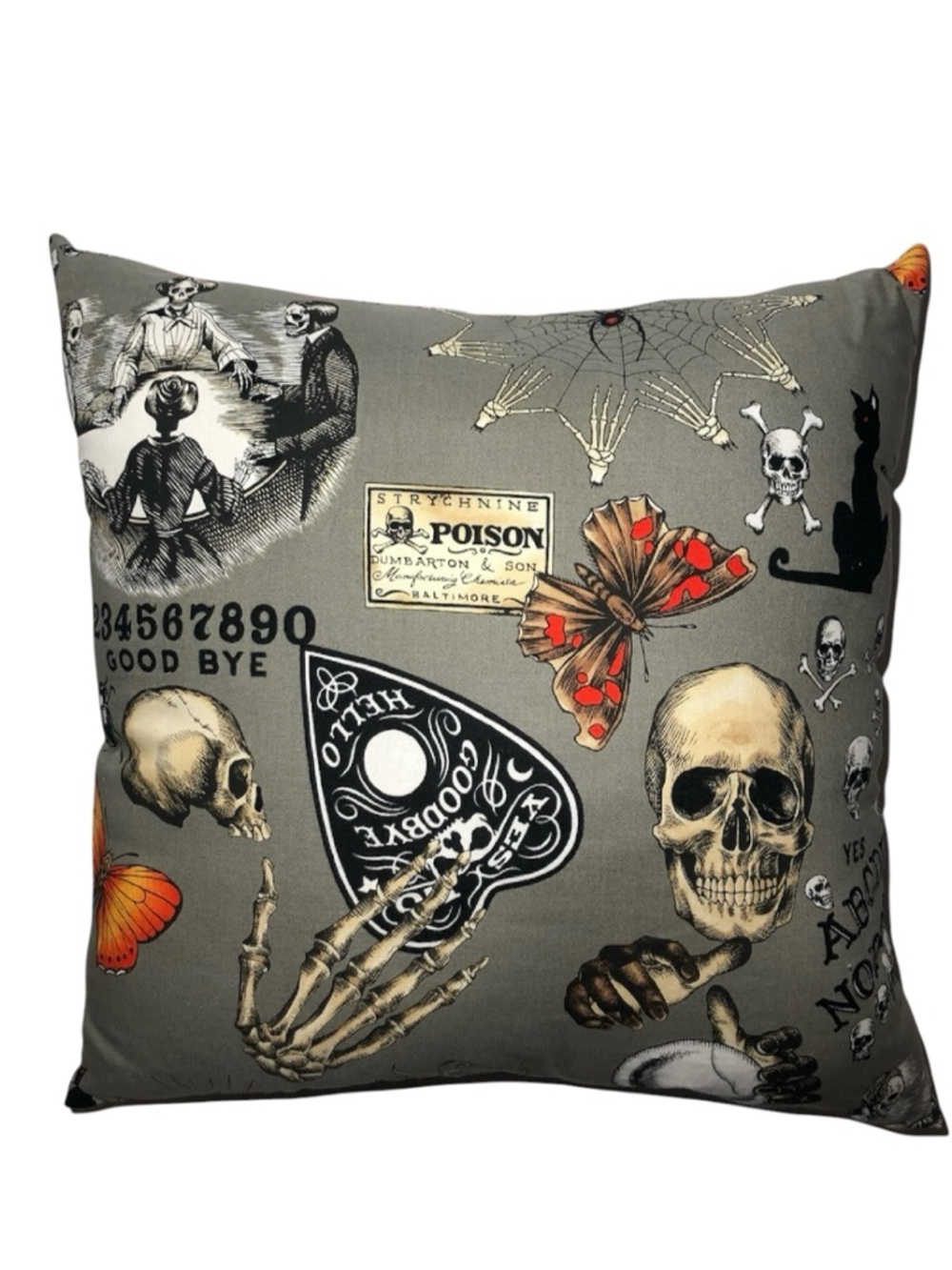 Spooky Skull & Ouija Decorative Pillow - Gray with Orange Accents